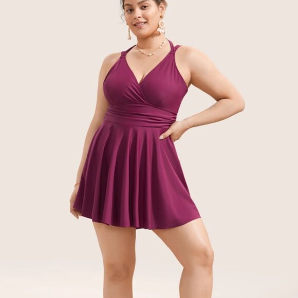 BloomChic Plus Size Solid Ruffle Hem Empire Waist Halter Neck Swim Dress - Picture 3 of 7